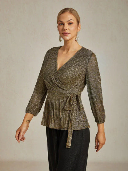 Metallic Pleated Chiffon Evening Wrap Top