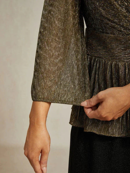 Metallic Pleated Chiffon Evening Wrap Top