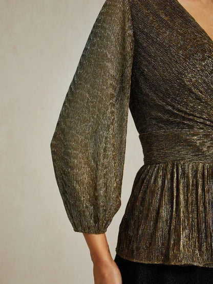 Metallic Pleated Chiffon Evening Wrap Top