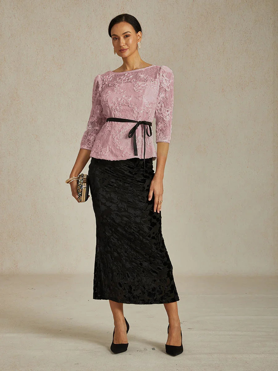 3/4 Sleeve Rosette Lace Blouse with Sequin Detail