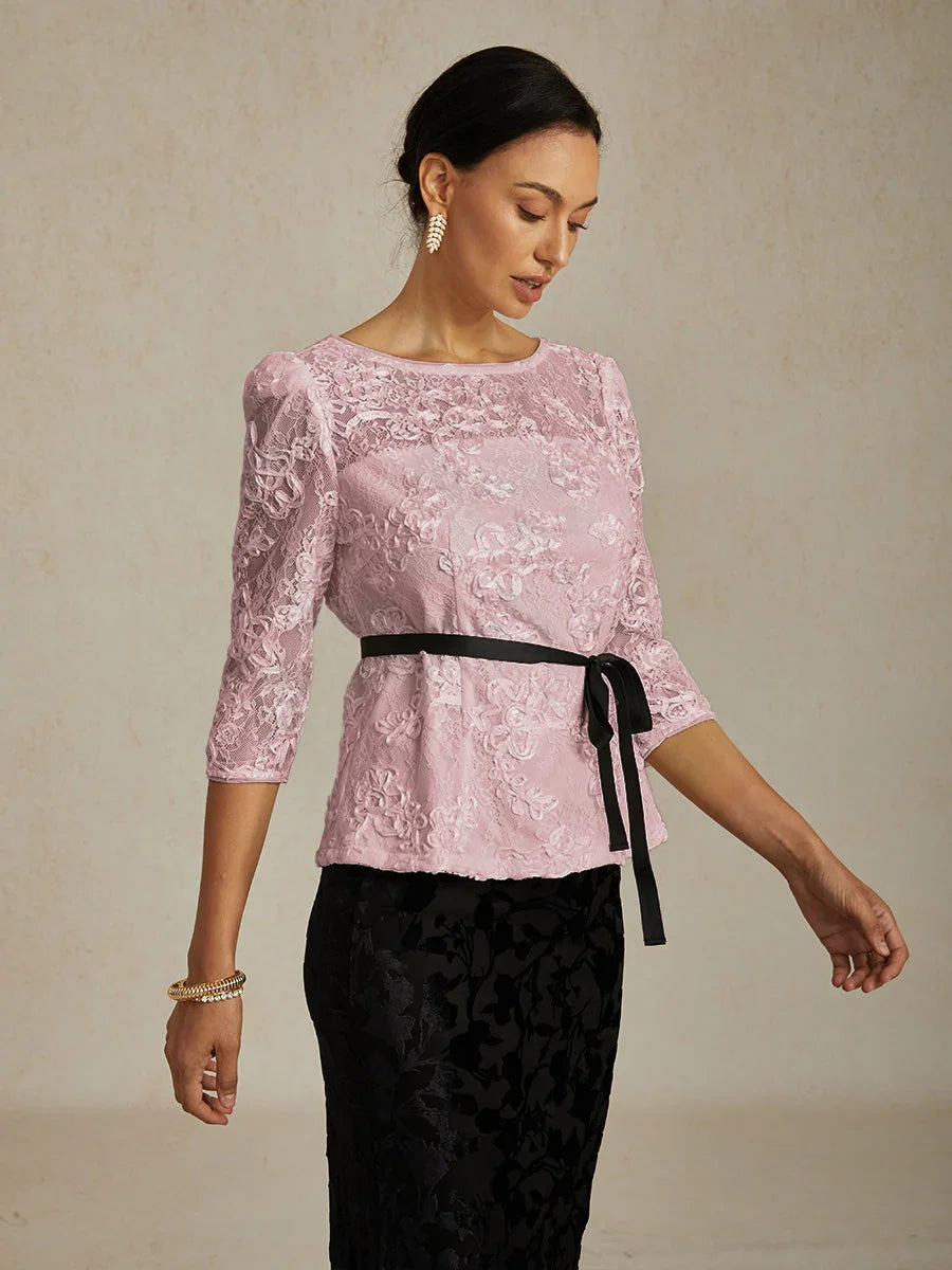 3/4 Sleeve Rosette Lace Blouse with Sequin Detail