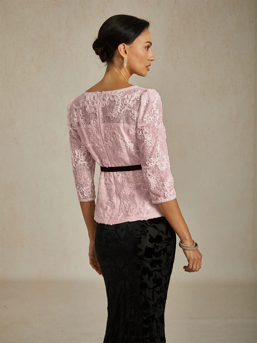 3/4 Sleeve Rosette Lace Blouse with Sequin Detail