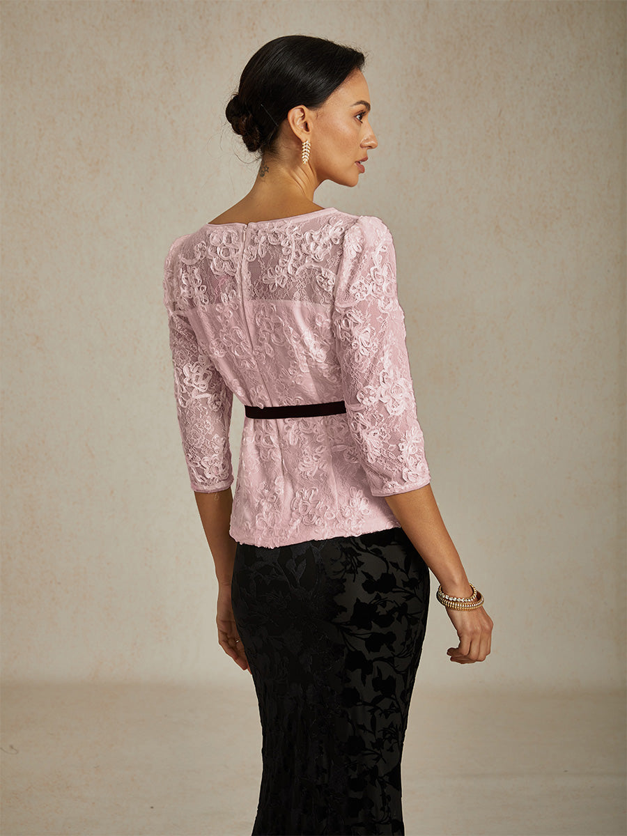 3/4 Sleeve Rosette Lace Blouse with Sequin Detail