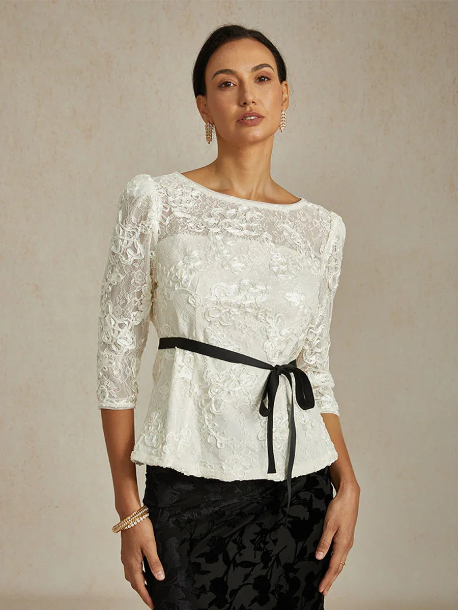 3/4 Sleeve Rosette Lace Blouse with Sequin Detail