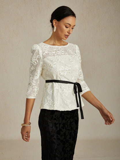 3/4 Sleeve Rosette Lace Blouse with Sequin Detail