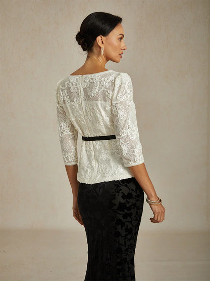3/4 Sleeve Rosette Lace Blouse with Sequin Detail