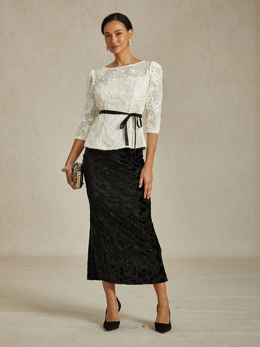 3/4 Sleeve Rosette Lace Blouse with Sequin Detail