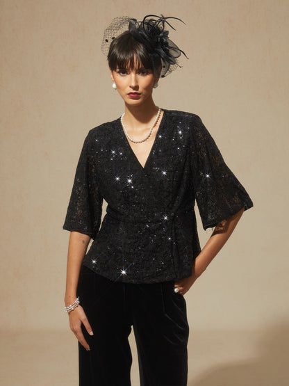 3/4 Sleeve Stretch Lace Blouse with Sequin Detail