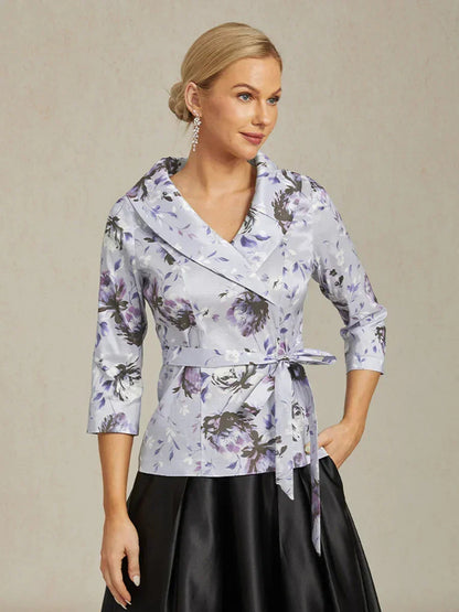 3/4 mouw stretch taffeta blouse met ceintuurdetail