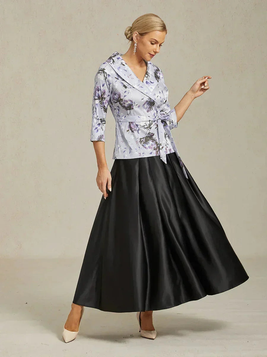 3/4 Sleeve Stretch Taffeta Blouse with Tie Waist Detail