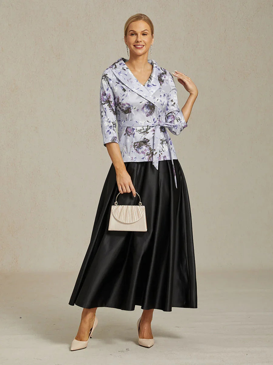 3/4 Sleeve Stretch Taffeta Blouse with Tie Waist Detail