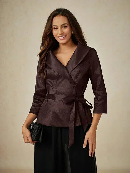 3/4 Sleeve Stretch Taffeta Blouse with Tie Waist Detail