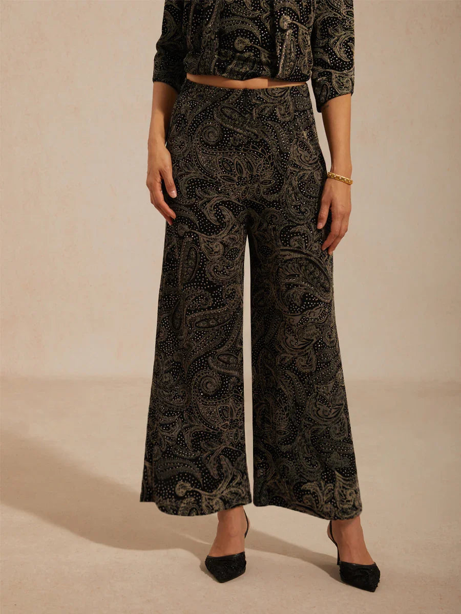 Paisley Straight Leg Knit Pants with Subtle Sequin Detail