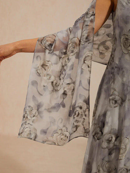 Floral Cowl Neck Tea-Length Dress with Flounce Hem