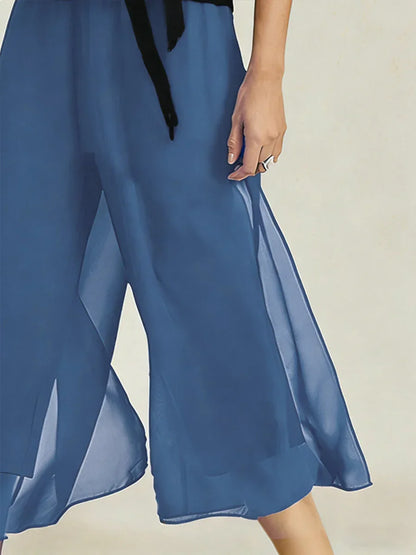 Cropped Length Straight Leg Pant With Chiffon Split Leg Overlay