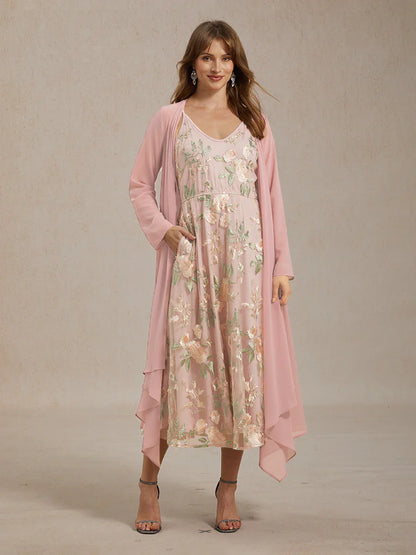 刺繡蕾絲雪紡連衣裙套裝