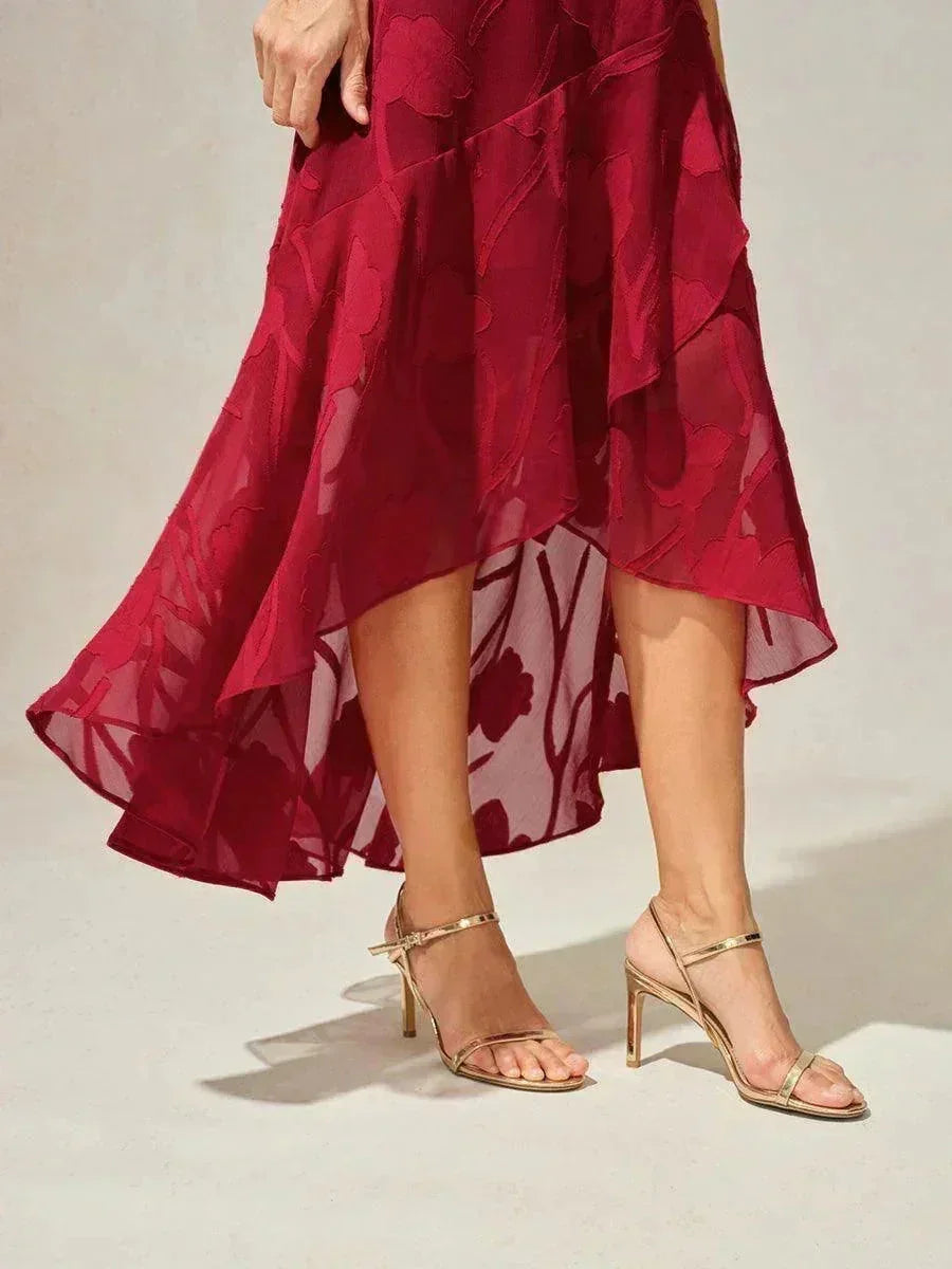 Ärmelloses Abendkleid aus Chiffon mit Blumenmuster und asymmetrischem Saum