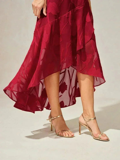 Ärmelloses Abendkleid aus Chiffon mit Blumenmuster und asymmetrischem Saum