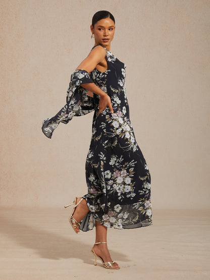 Floral Cowl Neck Tea-Length Dress with Flounce Hem