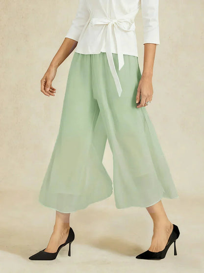 Cropped Length Straight Leg Pant With Chiffon Split Leg Overlay
