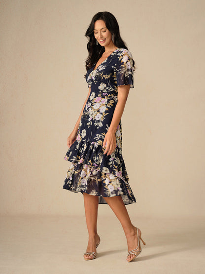 Floral Chiffon V Neck Ruffle Midi Dress