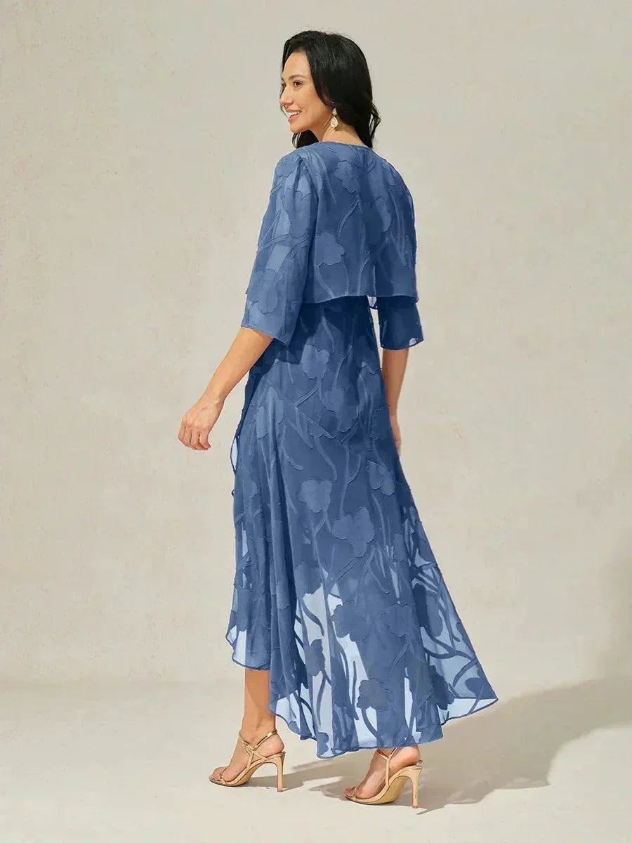 Ärmelloses Abendkleid aus Chiffon mit Blumenmuster und asymmetrischem Saum