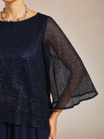 Haut Superposé en Mesh à Manches Cloche et Sequins