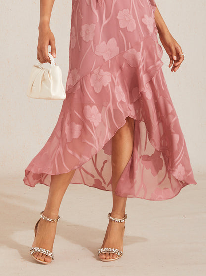 Ärmelloses Abendkleid aus Chiffon mit Blumenmuster und asymmetrischem Saum