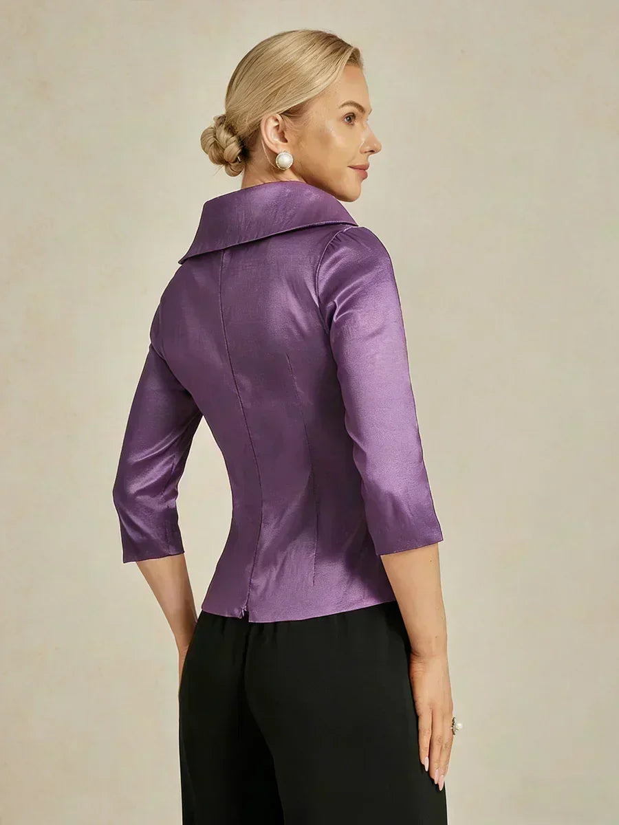 3/4 Sleeve Stretch Taffeta Blouse with Tie Waist Detail