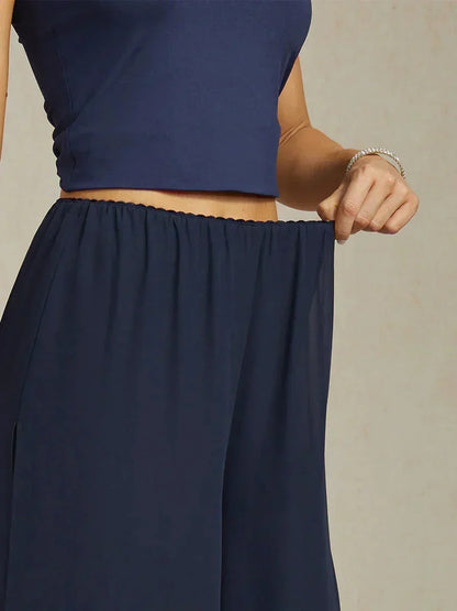 Cropped Length Straight Leg Pant With Chiffon Split Leg Overlay