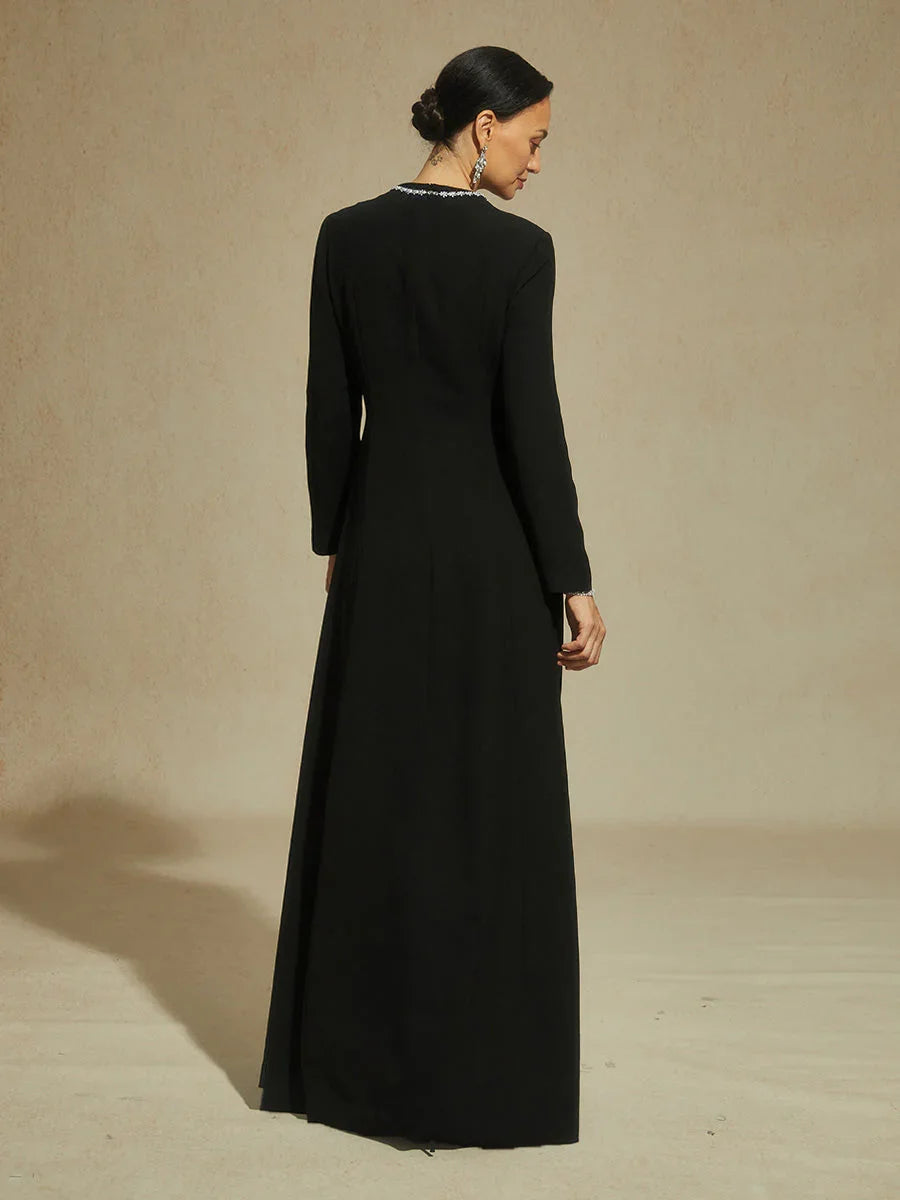 Schwarzes Maxi-Abendkleid mit Schneeflocken-Kristallverzierungen