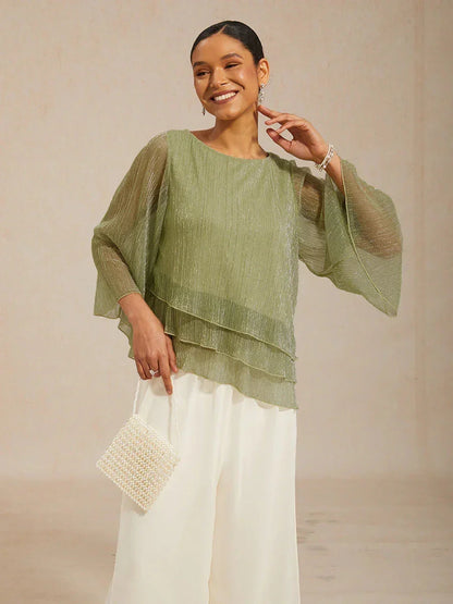 Metallic Pleated Chiffon Asymmetrical Layered Blouse