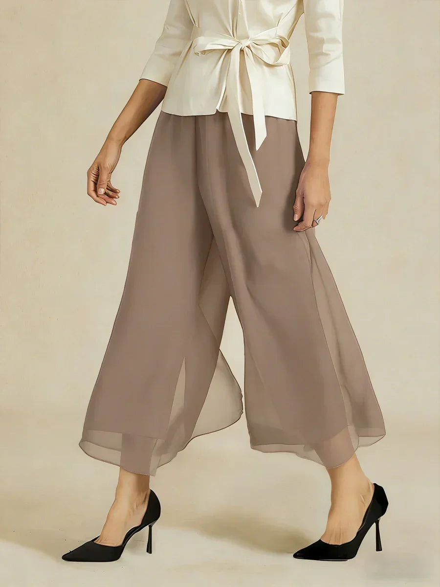 Cropped Length Straight Leg Pant With Chiffon Split Leg Overlay