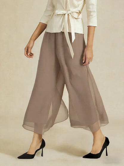 Cropped Length Straight Leg Pant With Chiffon Split Leg Overlay