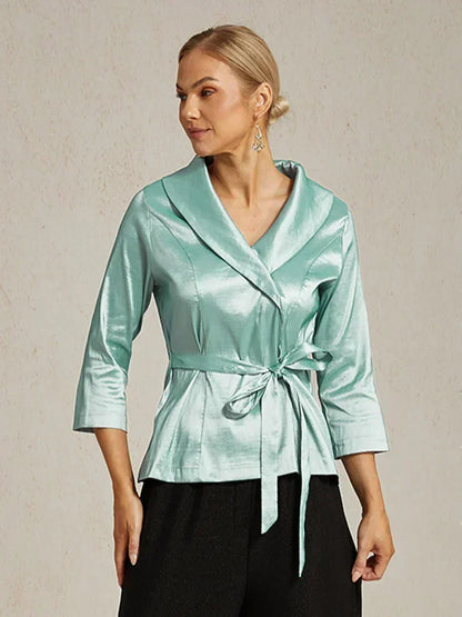 3/4 Sleeve Stretch Taffeta Blouse with Tie Waist Detail