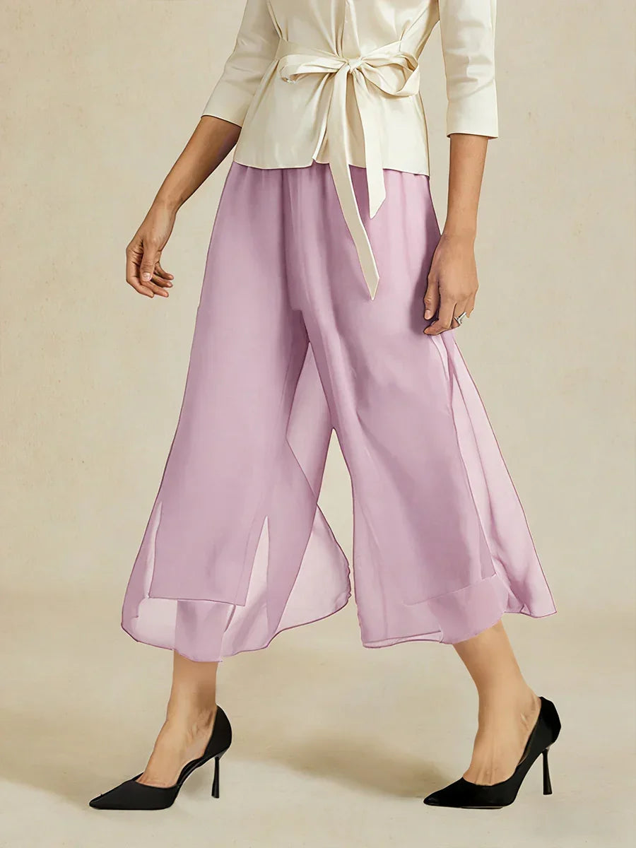 Cropped Length Straight Leg Pant With Chiffon Split Leg Overlay