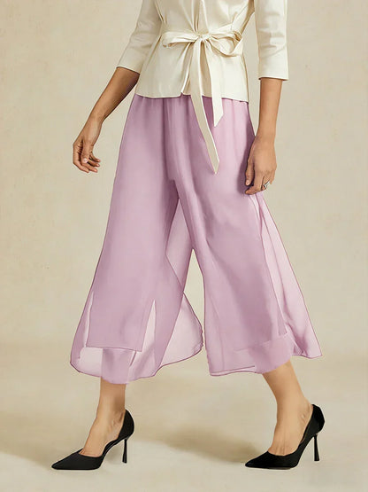 Cropped Length Straight Leg Pant With Chiffon Split Leg Overlay