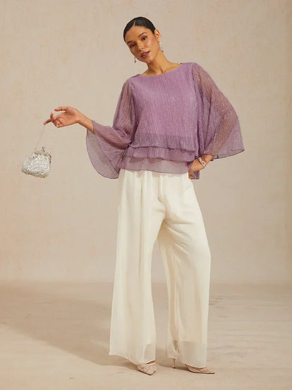 Metallic Pleated Chiffon Asymmetrical Layered Blouse