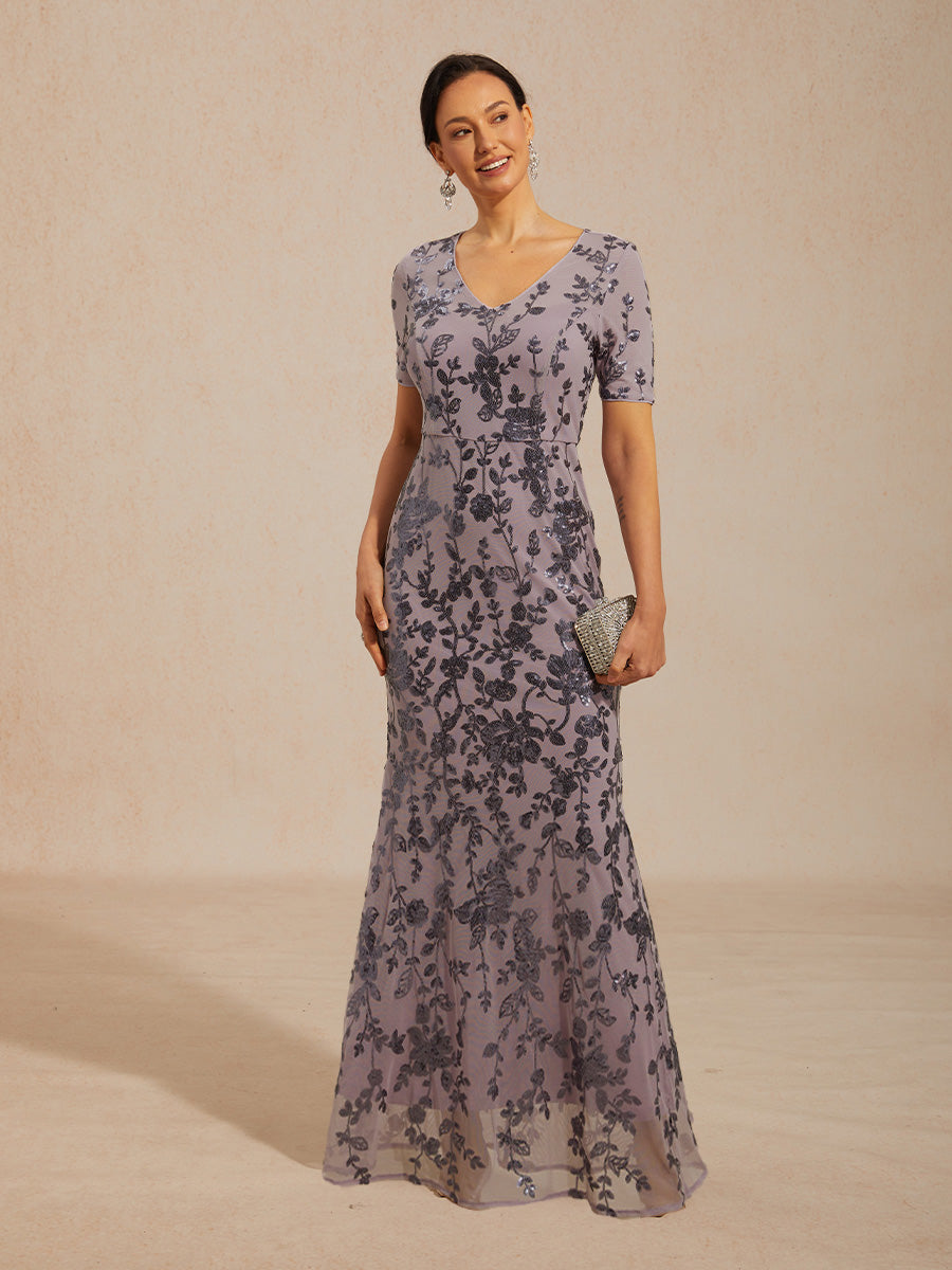 Floral Sequin Stretch Mesh Short Sleeve Dress