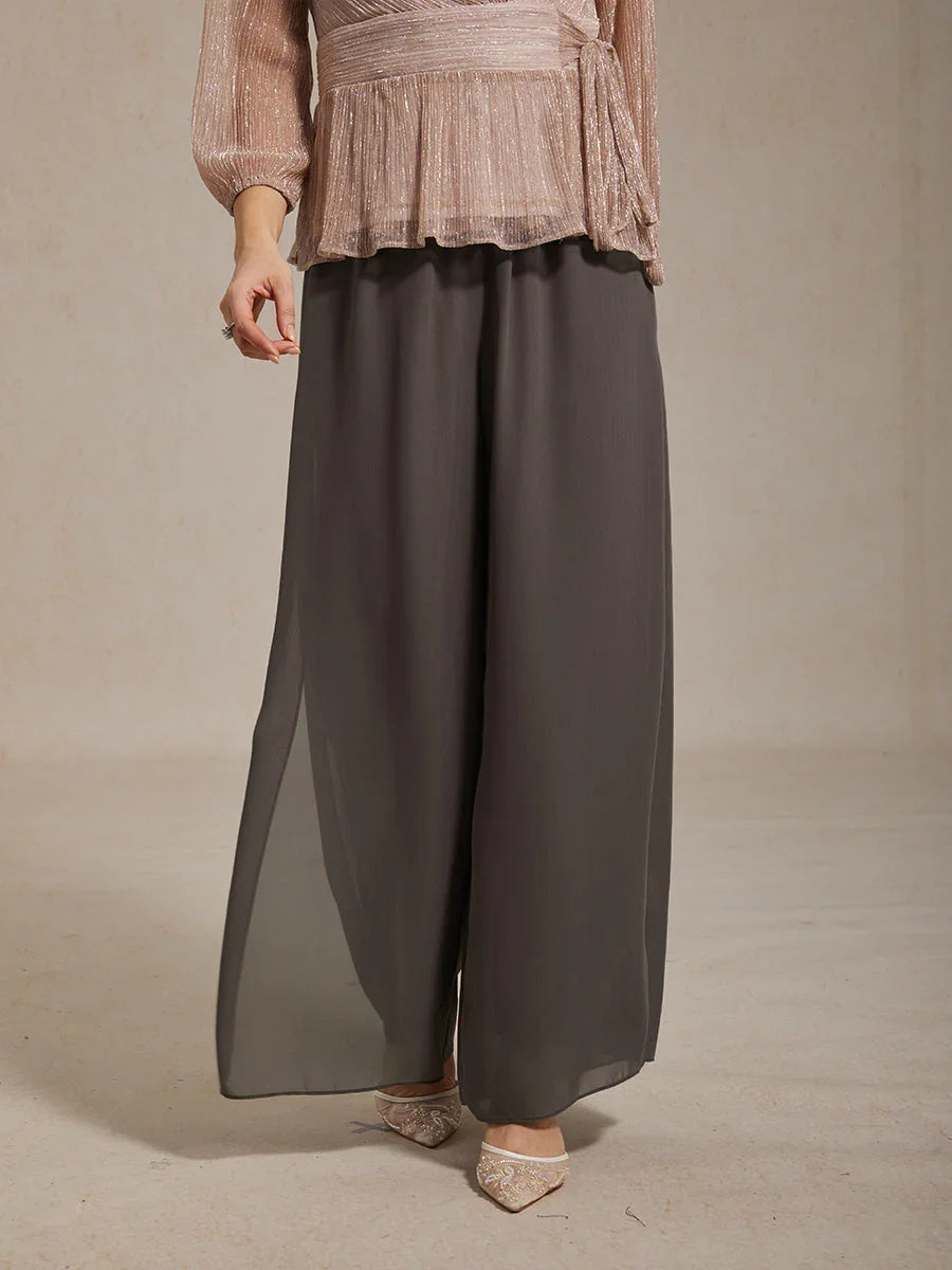 Lace Straight Leg Pant With Chiffon Split Leg Overlay