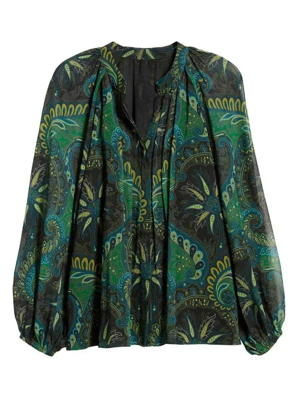 Paisley Chiffon Peasant Blouse with Long Lantern Sleeves