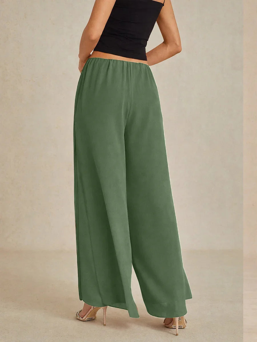 Pantaloni a gamba dritta con sovrapposizione in chiffon e spacco laterale