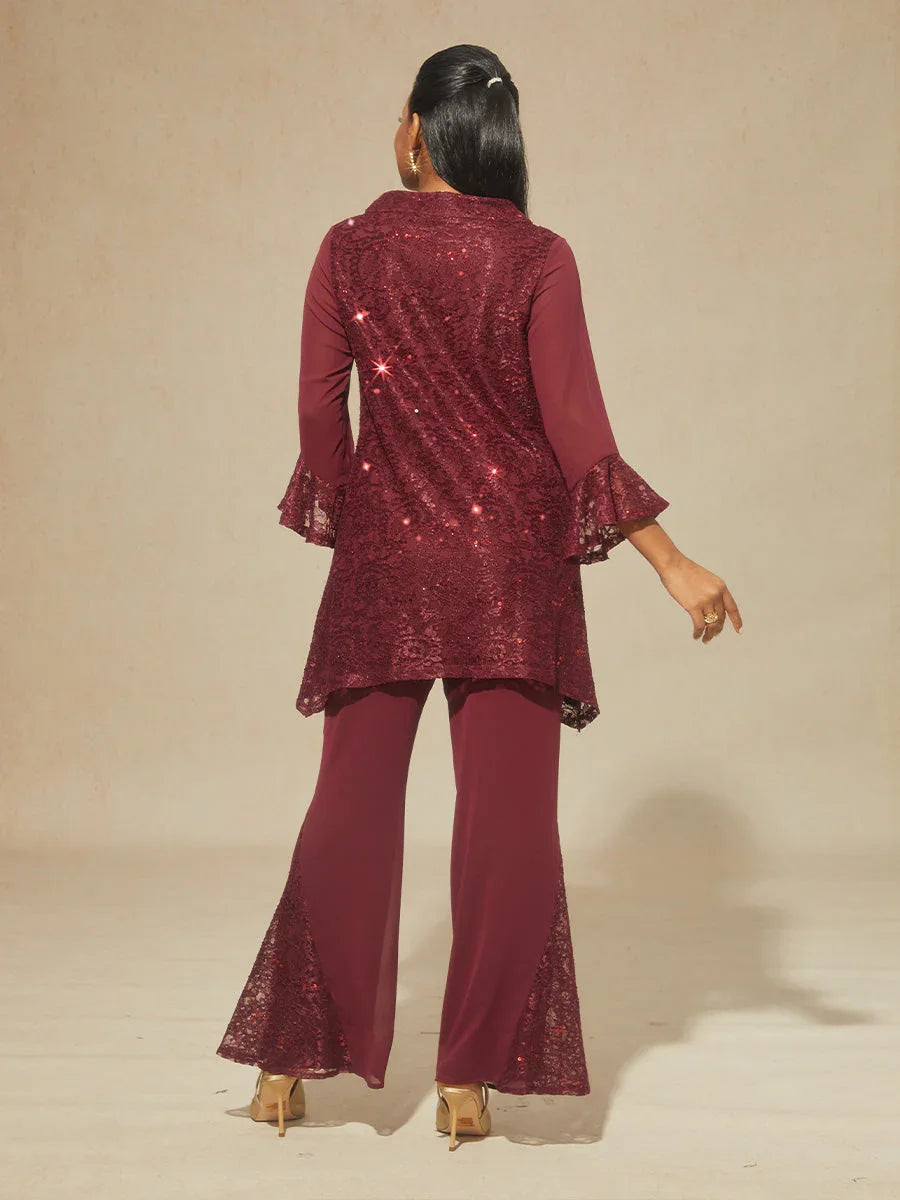 Mid-rise Chiffon Flared Pants with Lace Trim