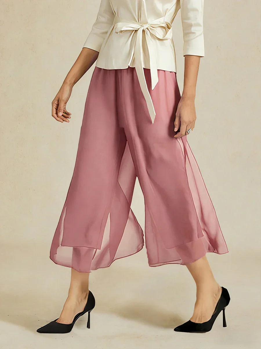 Cropped Length Straight Leg Pant With Chiffon Split Leg Overlay