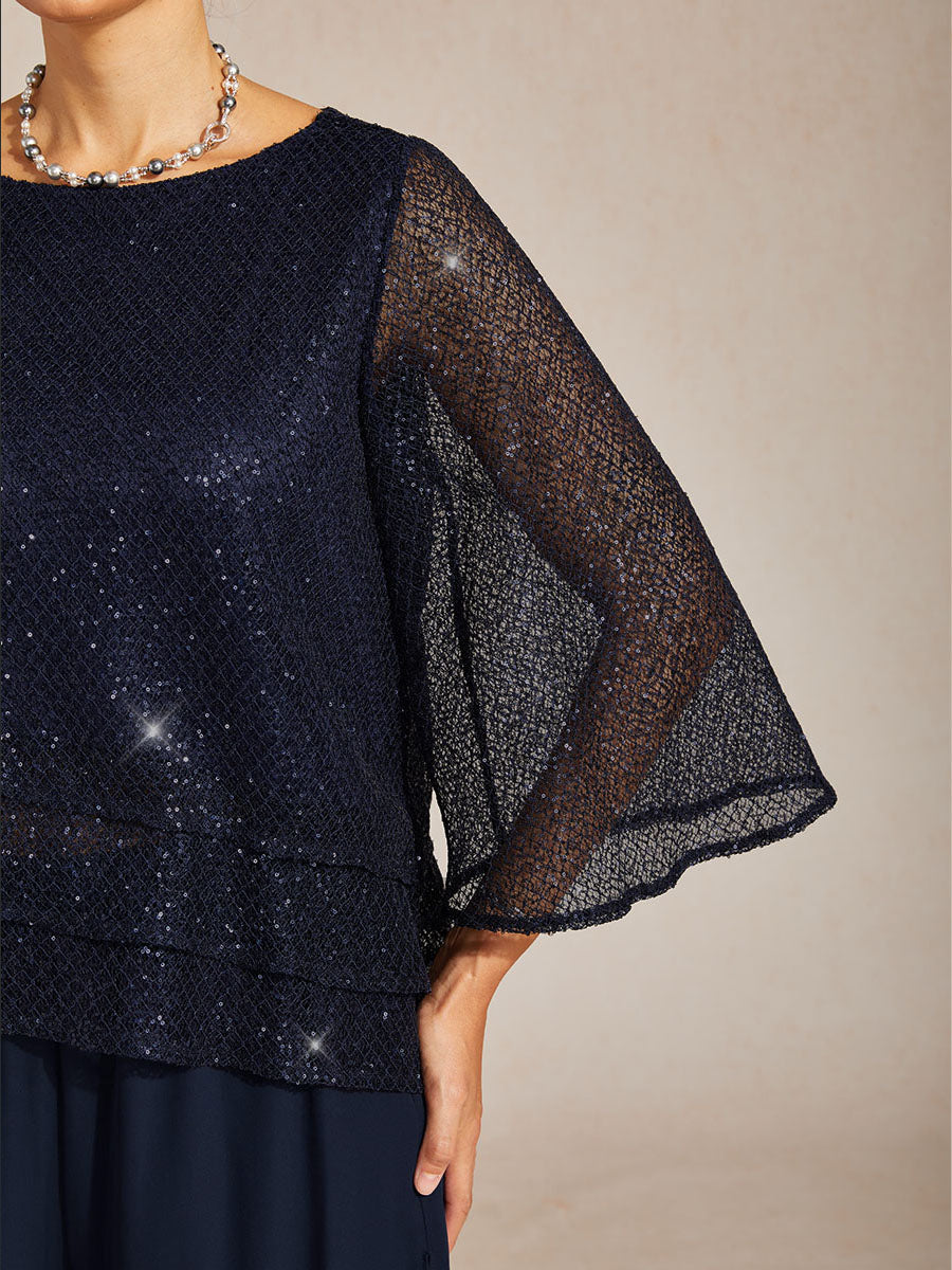 Haut Superposé en Mesh à Manches Cloche et Sequins