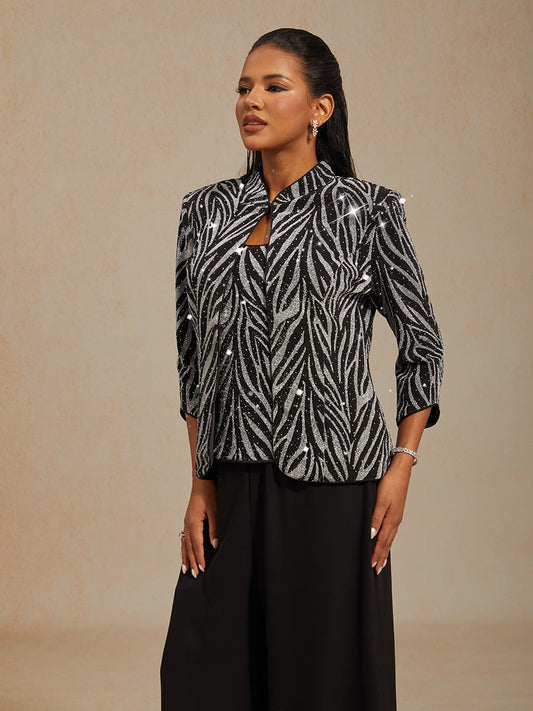 Elegant Mandarin Collar Twinset with Rhinestone-Embellished Zebra Print