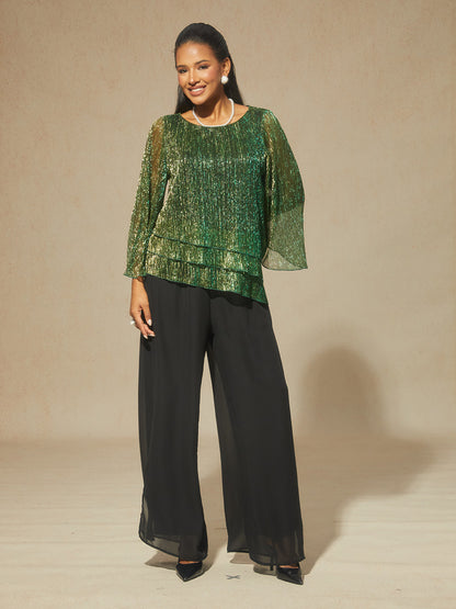Asymmetrische Lagenbluse aus metallisch schimmerndem, plissiertem Chiffon