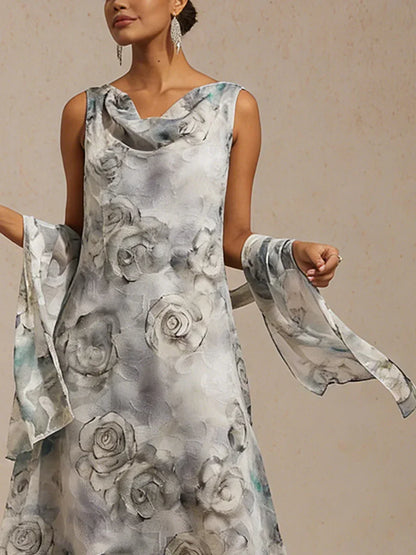 Floral Cowl Neck Tea-Length Dress with Flounce Hem
