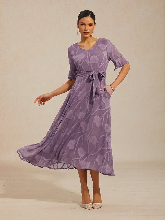 Ruffle Flutter Lace Midi Dress with Pockets