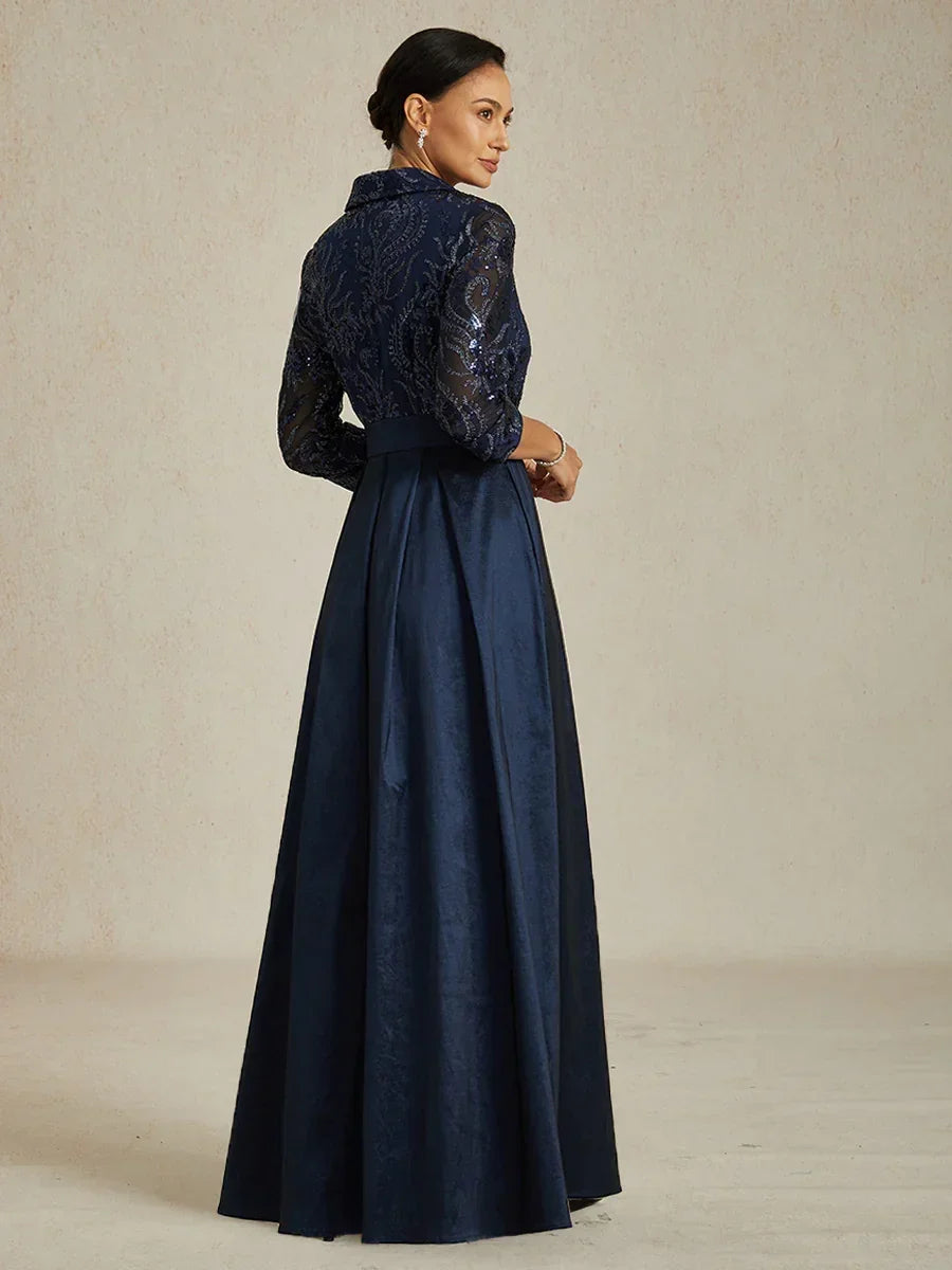 Long Embroidered Taffeta Shirt Dress With Belt Wedding Guest Navy Blue Ankle Length Formal Evening Mother Of The Bride Over 50, Navy Blue / S